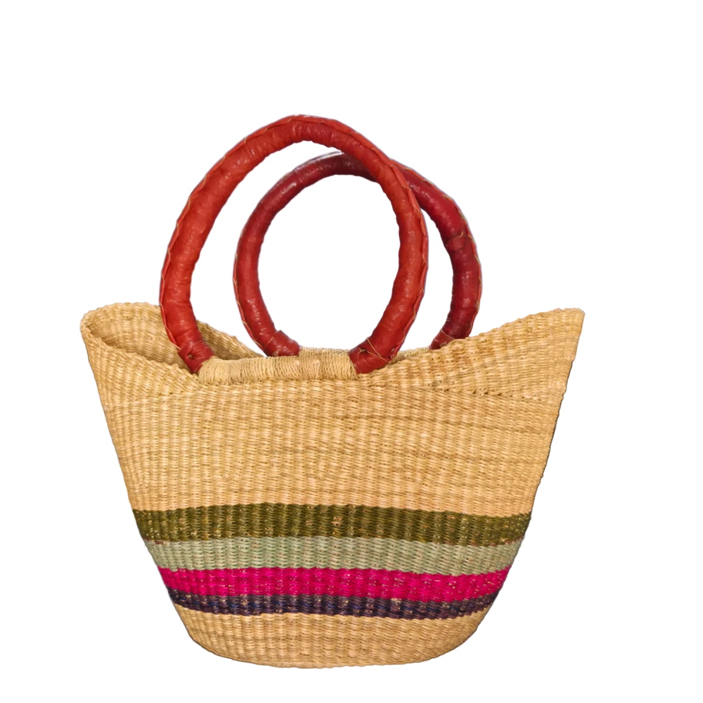 A woven straw tote bag with a striped pattern in olive green, gold, pink, and purple, featuring thick reddish-brown handles.