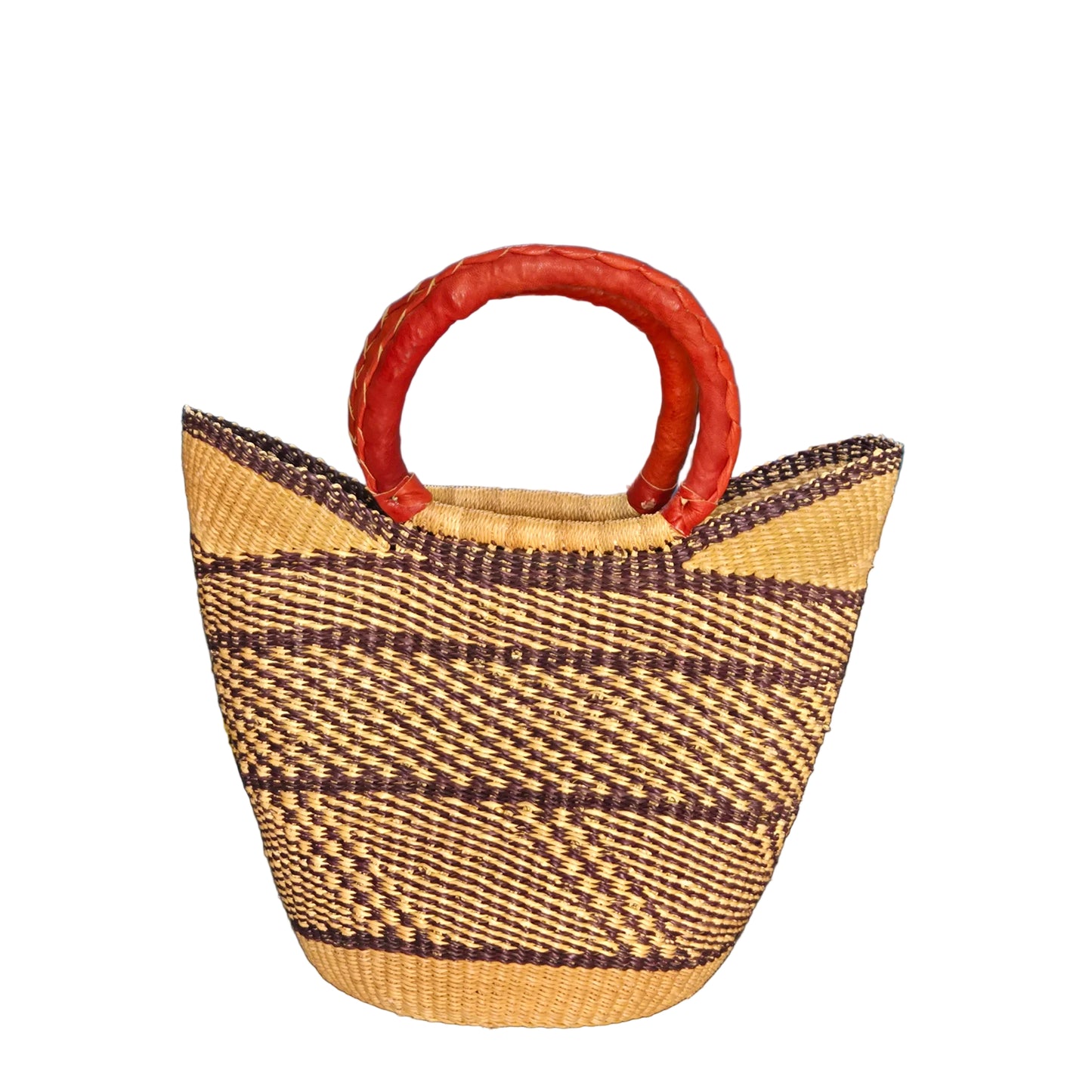 A woven straw tote bag with a striped pattern in beige and blue , featuring double curved brown handles.