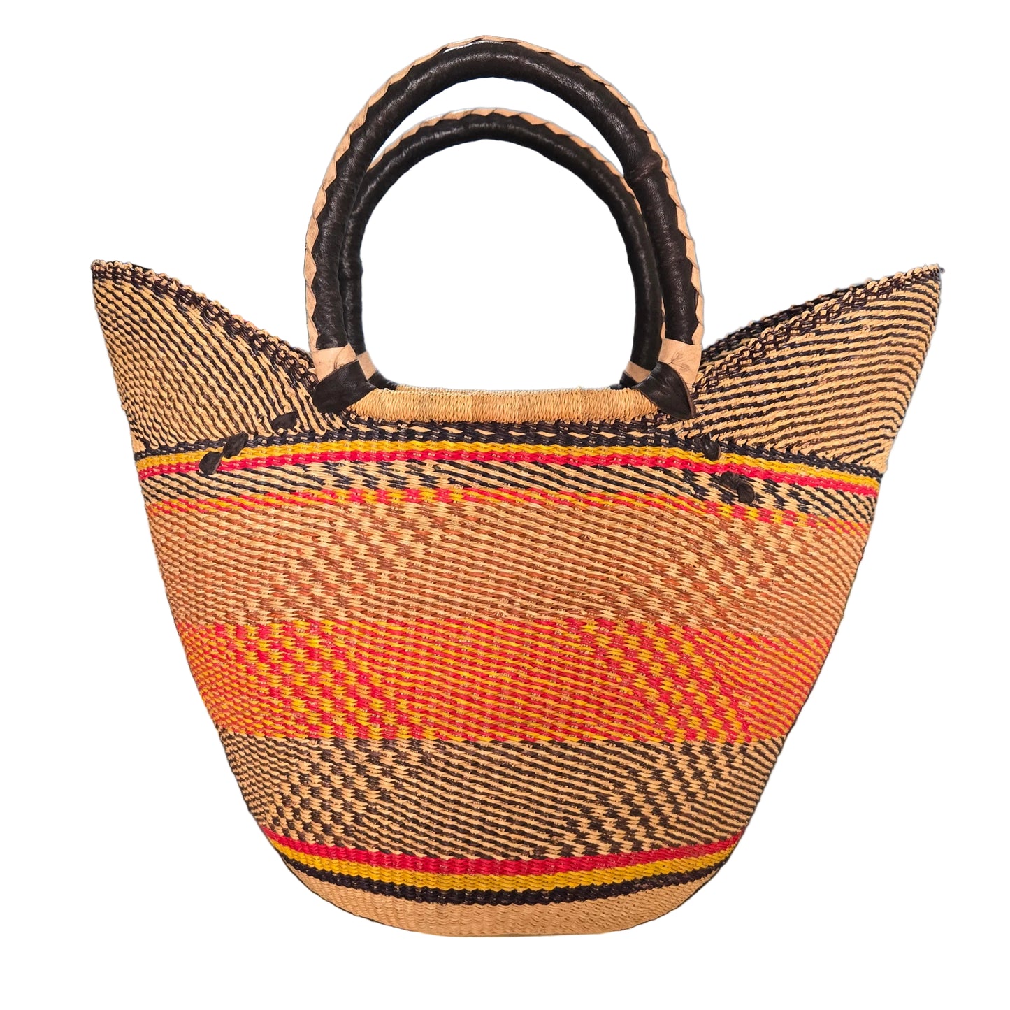 A woven tote bag with a geometric pattern in beige, brown, orange, red, and yellow, featuring two thick braided handles