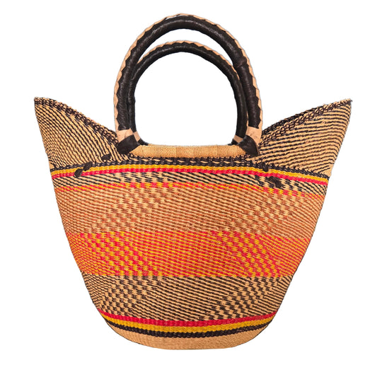 A woven tote bag with a geometric pattern in beige, brown, orange, red, and yellow, featuring two thick braided handles