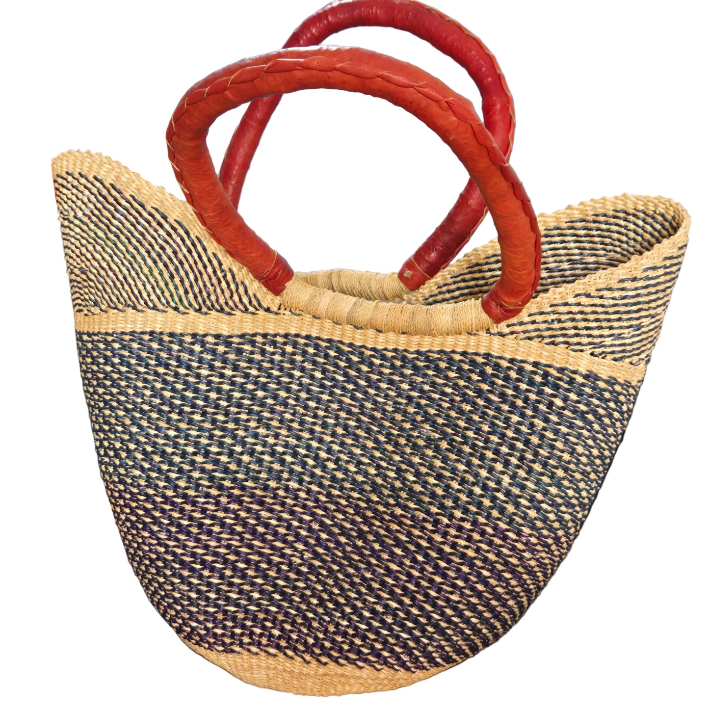 A woven straw tote bag with a black and beige patterned body and two curved reddish-brown leather handles.
