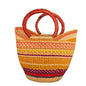 A woven straw tote bag with a striped pattern in yellow, orange, red, and green, featuring two thick reddish-brown handles.